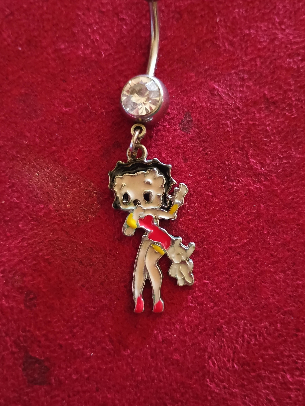 Betty Boop Like Dangle Belly Ring with Clear Crystal Accent